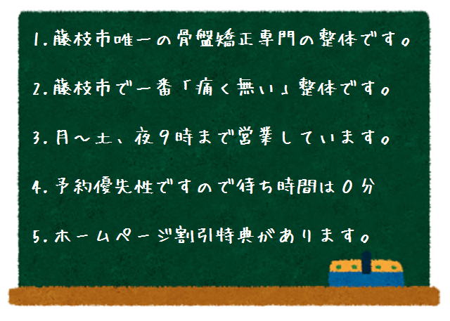 1.藤枝市唯一の骨盤矯正専門の整体です。 2.藤枝市で一番「痛く無い」整体です。 3.月~土、夜9時まで営業しています。4.予約優先性ですので待ち時間は0分 5.ホームページ割引特典があります。
